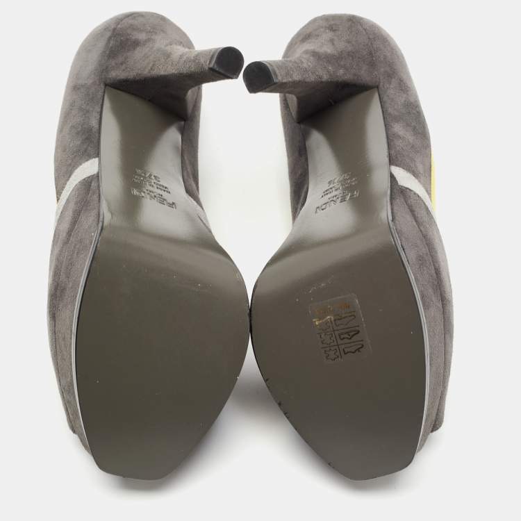 Pre Owned Fendi Grey/Yellow Suede Fendista Platform Pumps Size 37.5
