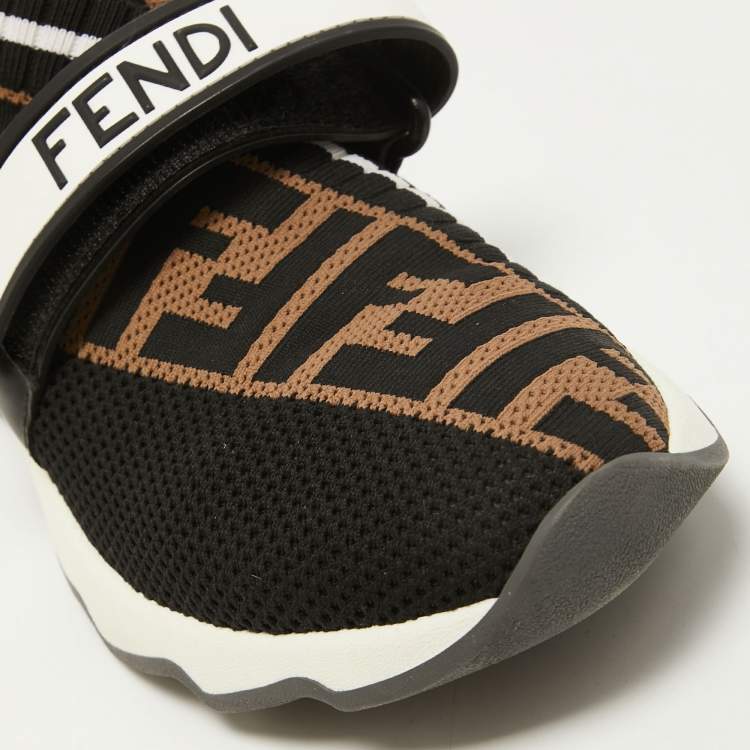 Pre Owned Fendi Brown/Black Zucca Knit Fabric Rockoko Slip On Sneakers Size 35