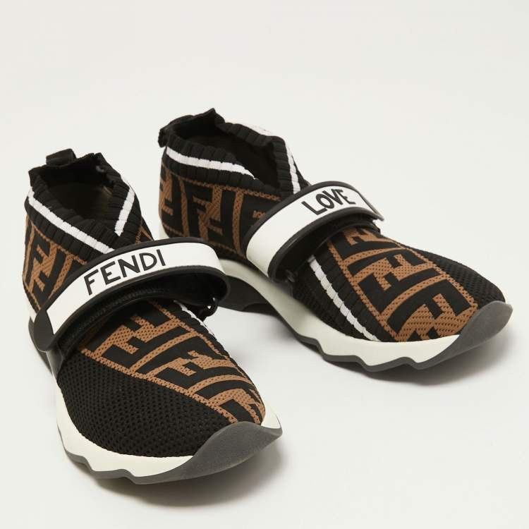 Pre Owned Fendi Brown/Black Zucca Knit Fabric Rockoko Slip On Sneakers Size 35
