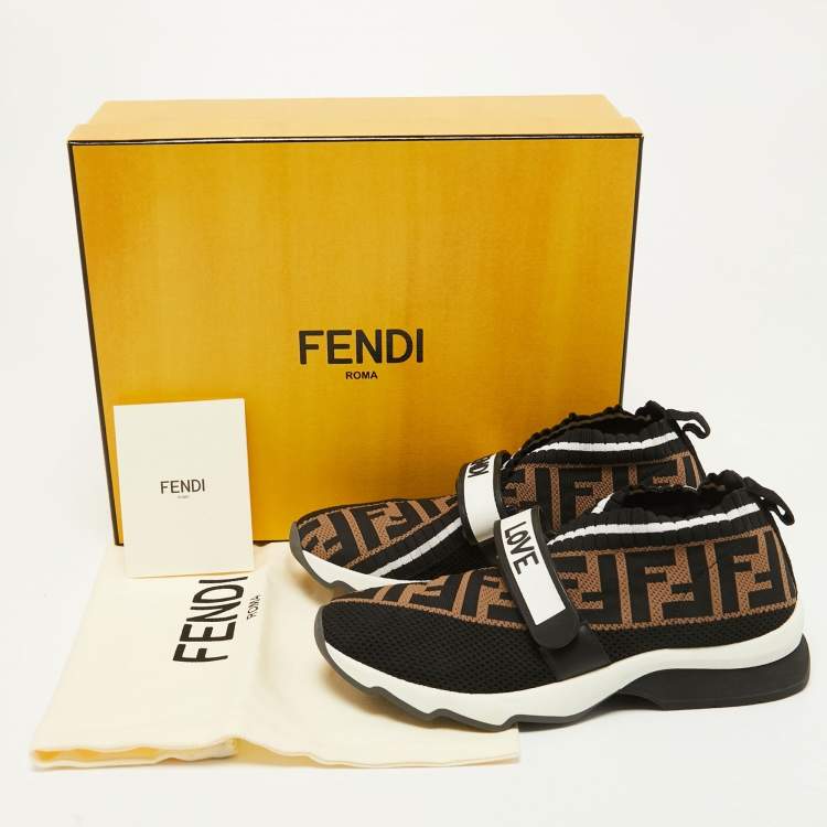 Pre Owned Fendi Brown/Black Zucca Knit Fabric Rockoko Slip On Sneakers Size 35