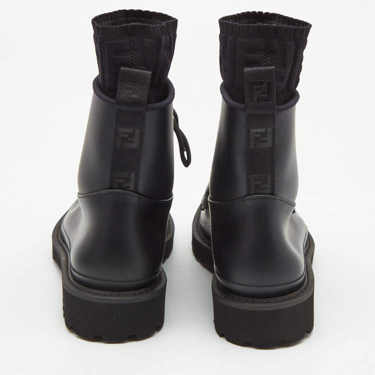 Pre Owned Fendi Black Rubber and Zucca Knit Fabric Ankle Boots Size 38