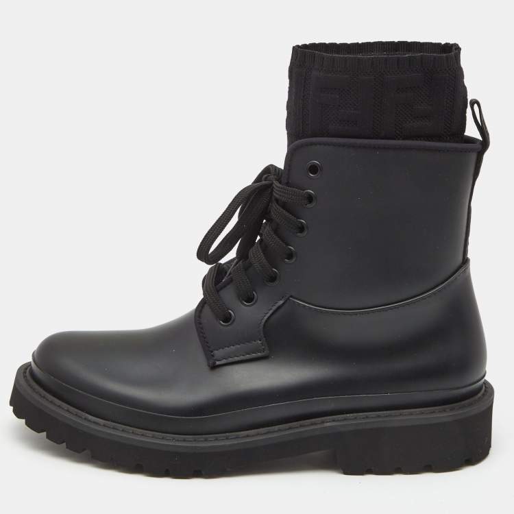 Pre Owned Fendi Black Rubber and Zucca Knit Fabric Ankle Boots Size 38