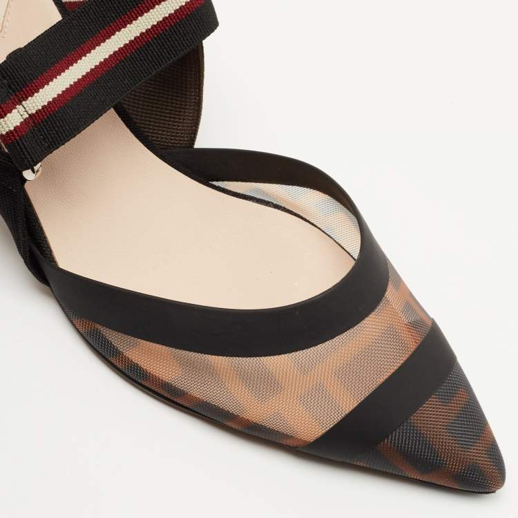 Pre Owned Fendi Brown/Black Mesh and Canvas Colibri Slingback Pumps Size 36.5