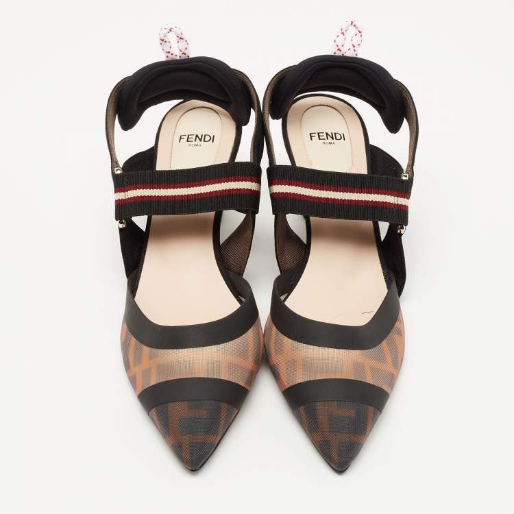 Pre Owned Fendi Brown/Black Mesh and Canvas Colibri Slingback Pumps Size 36.5