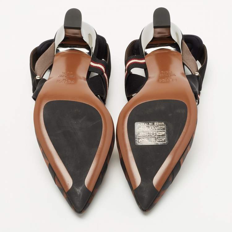 Pre Owned Fendi Brown/Black Mesh and Canvas Colibri Slingback Pumps Size 36.5