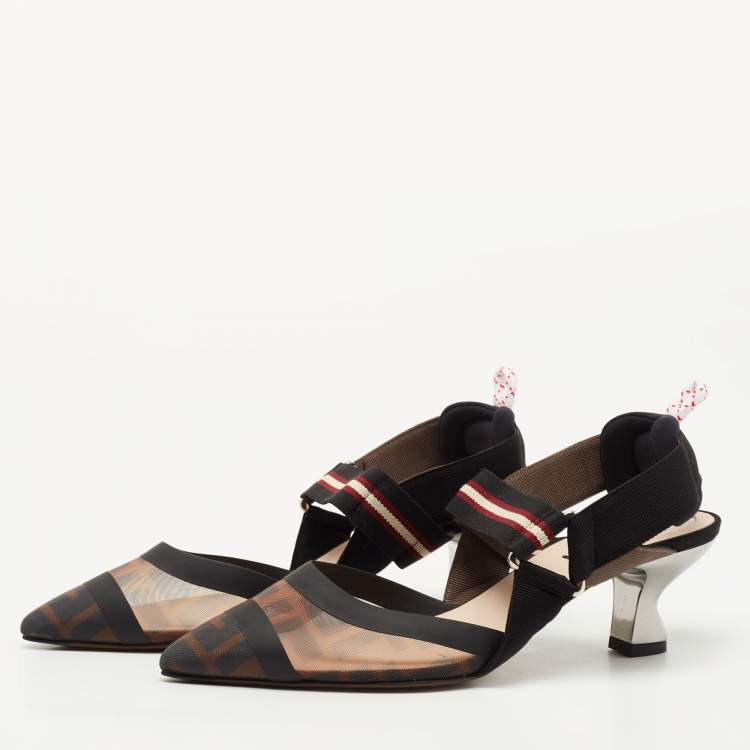 Pre Owned Fendi Brown/Black Mesh and Canvas Colibri Slingback Pumps Size 36.5