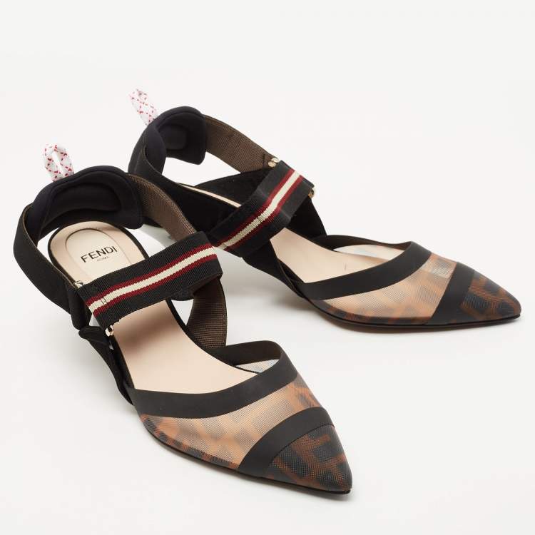 Pre Owned Fendi Brown/Black Mesh and Canvas Colibri Slingback Pumps Size 36.5