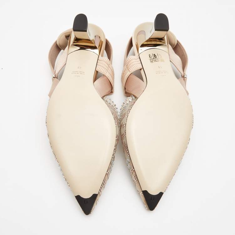 Pre Owned Fendi Pink Crystal Embellished Mesh and Canvas Colibri Slingback Pumps Size 41