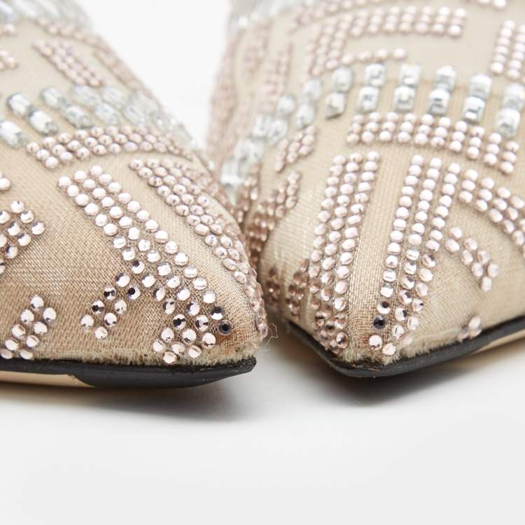Pre Owned Fendi Pink Crystal Embellished Mesh and Canvas Colibri Slingback Pumps Size 41
