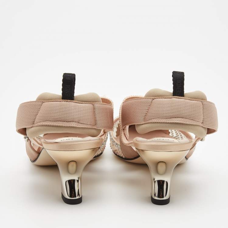 Pre Owned Fendi Pink Crystal Embellished Mesh and Canvas Colibri Slingback Pumps Size 41
