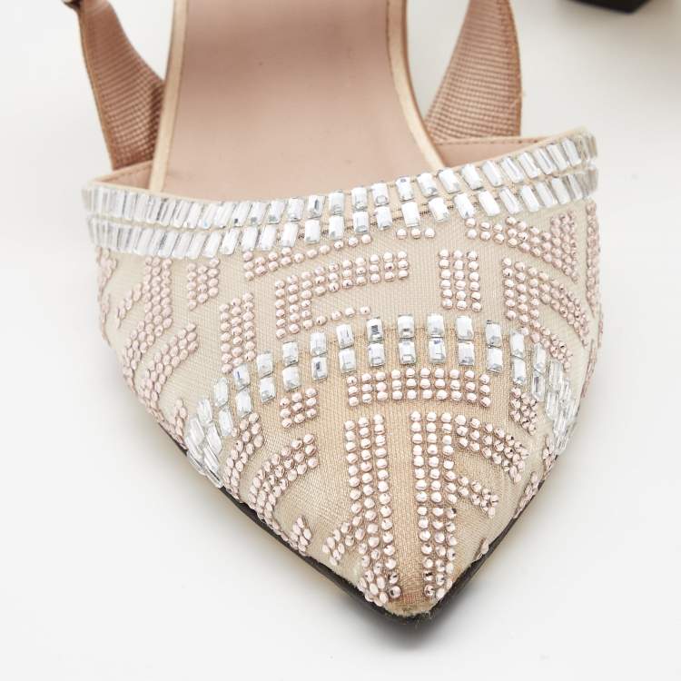 Pre Owned Fendi Pink Crystal Embellished Mesh and Canvas Colibri Slingback Pumps Size 41