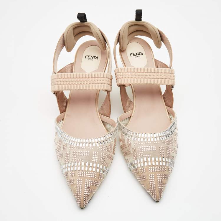Pre Owned Fendi Pink Crystal Embellished Mesh and Canvas Colibri Slingback Pumps Size 41