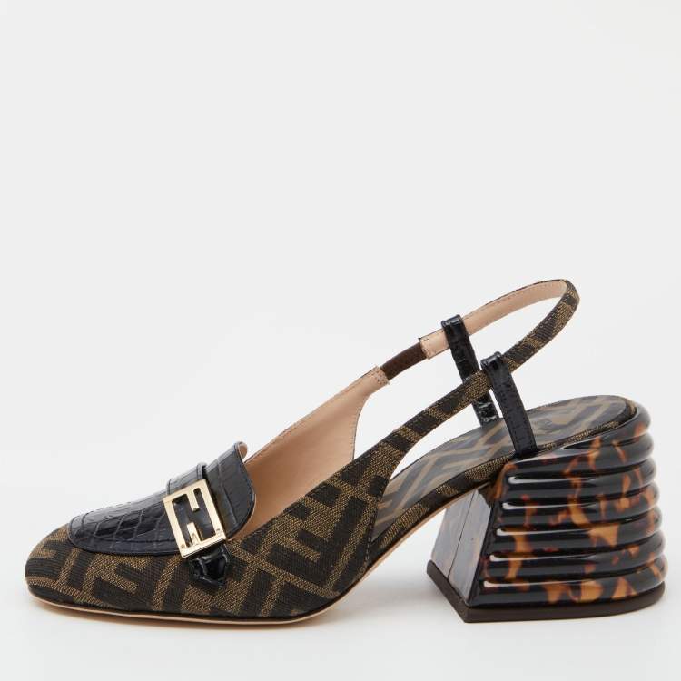 Pre Owned Fendi Tobacco/Black Croc Embossed Leather and Canvas Promenade FF Motif Slingback Sandals Size 37.5