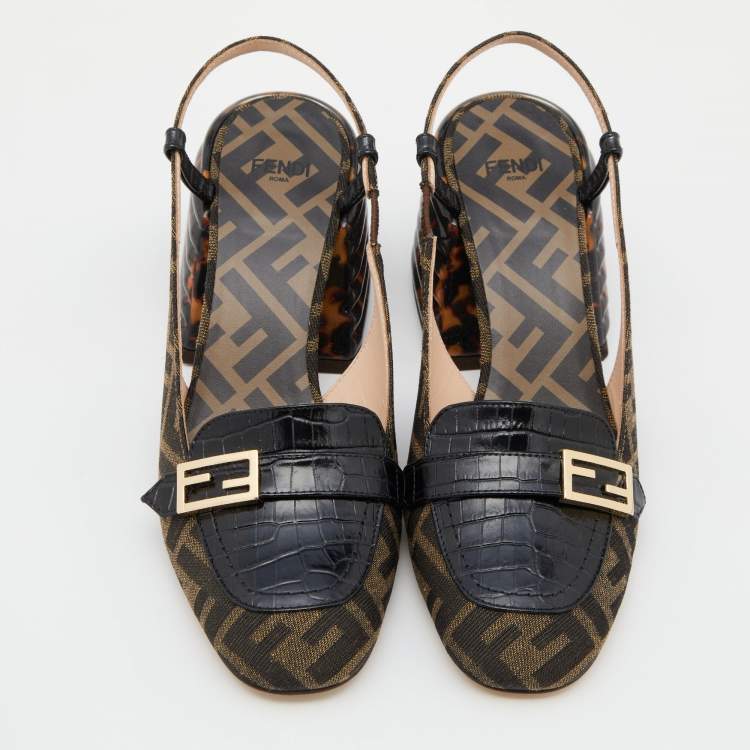 Pre Owned Fendi Tobacco/Black Croc Embossed Leather and Canvas Promenade FF Motif Slingback Sandals Size 37.5