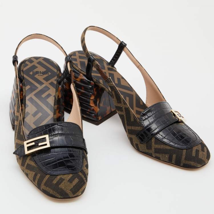 Pre Owned Fendi Tobacco/Black Croc Embossed Leather and Canvas Promenade FF Motif Slingback Sandals Size 37.5