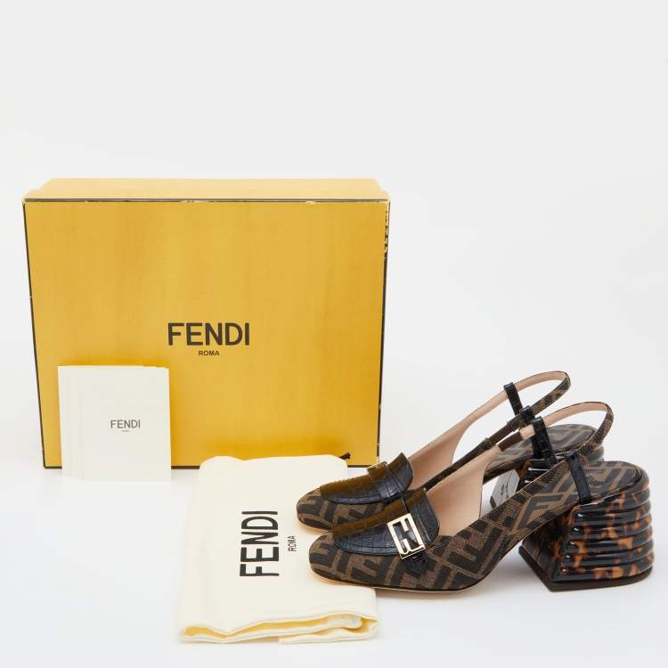 Pre Owned Fendi Tobacco/Black Croc Embossed Leather and Canvas Promenade FF Motif Slingback Sandals Size 37.5