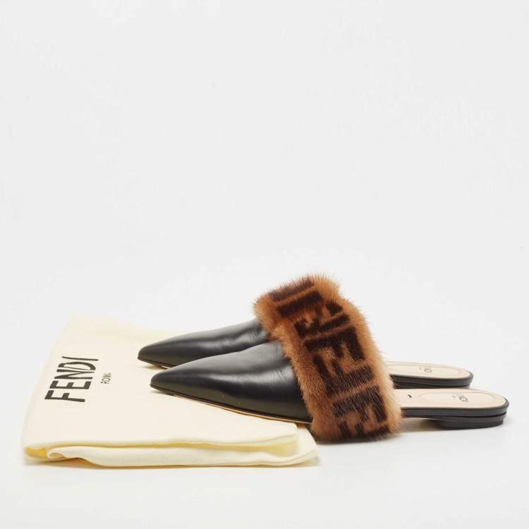 Pre Owned Fendi Black/Brown Leather and FF Fur Pointed Toe Flat Mules Size 37