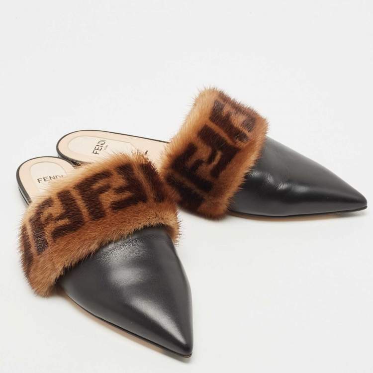 Pre Owned Fendi Black/Brown Leather and FF Fur Pointed Toe Flat Mules Size 37