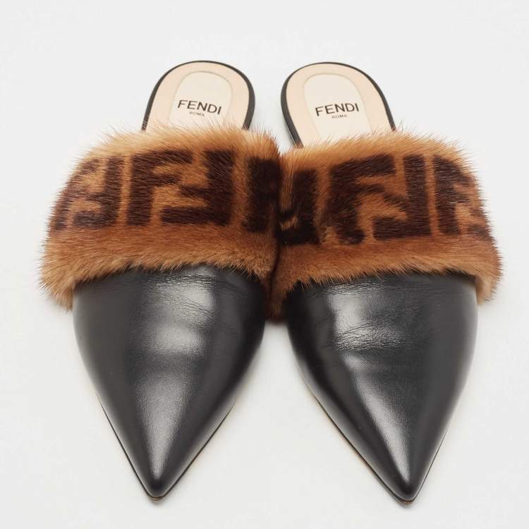 Pre Owned Fendi Black/Brown Leather and FF Fur Pointed Toe Flat Mules Size 37