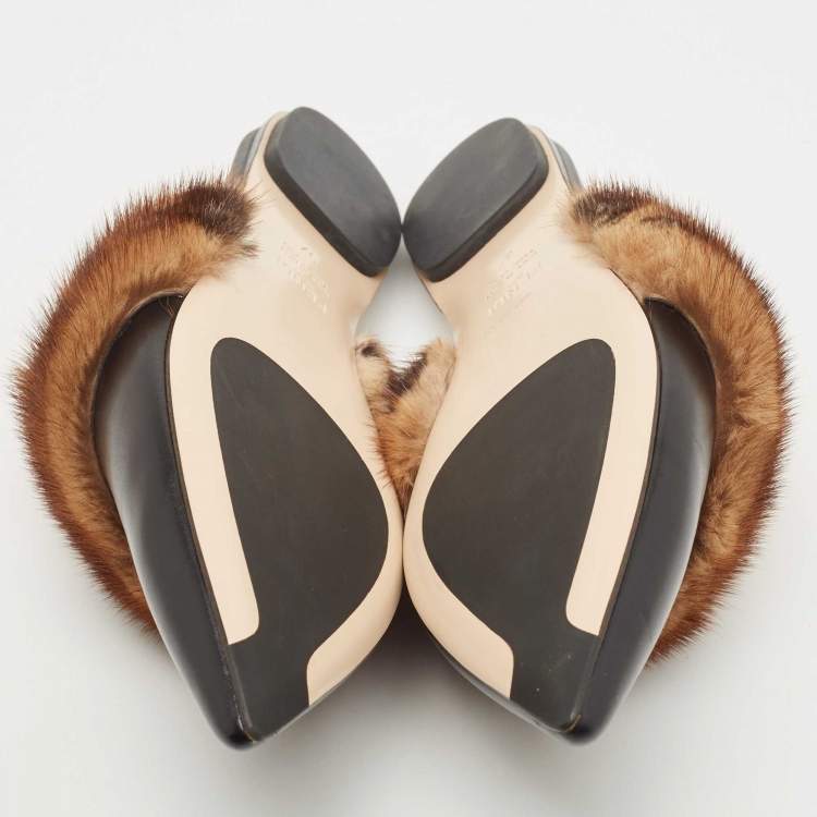 Pre Owned Fendi Black/Brown Leather and FF Fur Pointed Toe Flat Mules Size 37