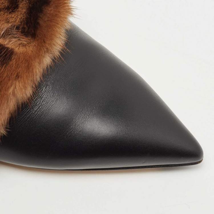 Pre Owned Fendi Black/Brown Leather and FF Fur Pointed Toe Flat Mules Size 37