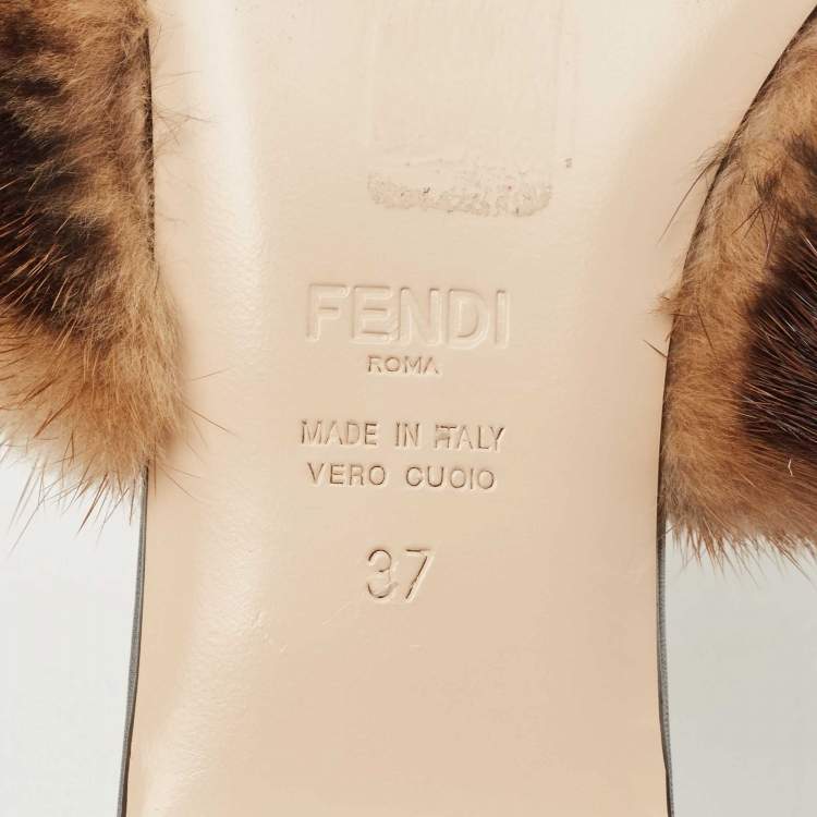 Pre Owned Fendi Black/Brown Leather and FF Fur Pointed Toe Flat Mules Size 37