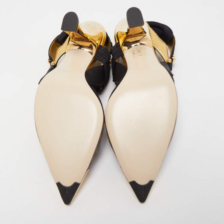 Pre Owned Fendi x Versace Black/Gold Mesh and Fabric Slingback Pumps Size 37