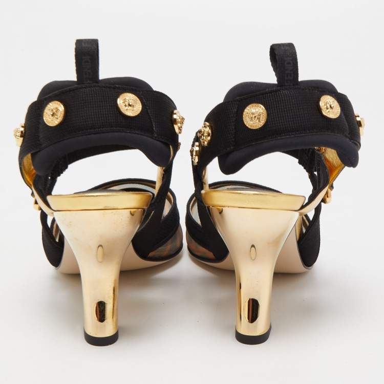 Pre Owned Fendi x Versace Black/Gold Mesh and Fabric Slingback Pumps Size 37