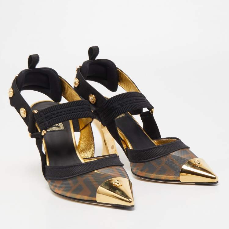 Pre Owned Fendi x Versace Black/Gold Mesh and Fabric Slingback Pumps Size 37