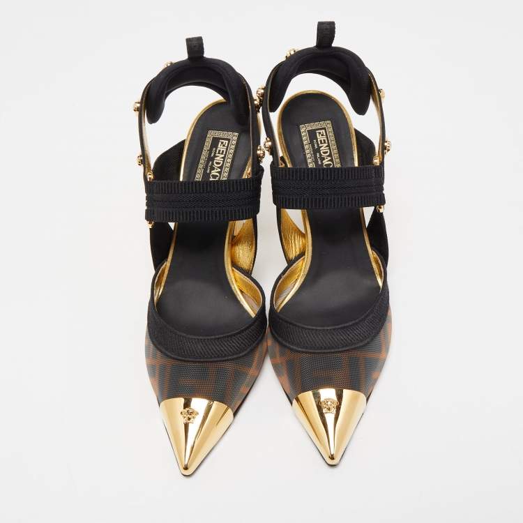 Pre Owned Fendi x Versace Black/Gold Mesh and Fabric Slingback Pumps Size 37