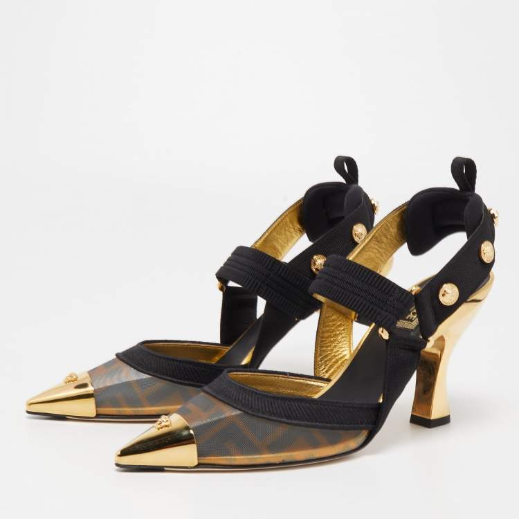 Pre Owned Fendi x Versace Black/Gold Mesh and Fabric Slingback Pumps Size 37