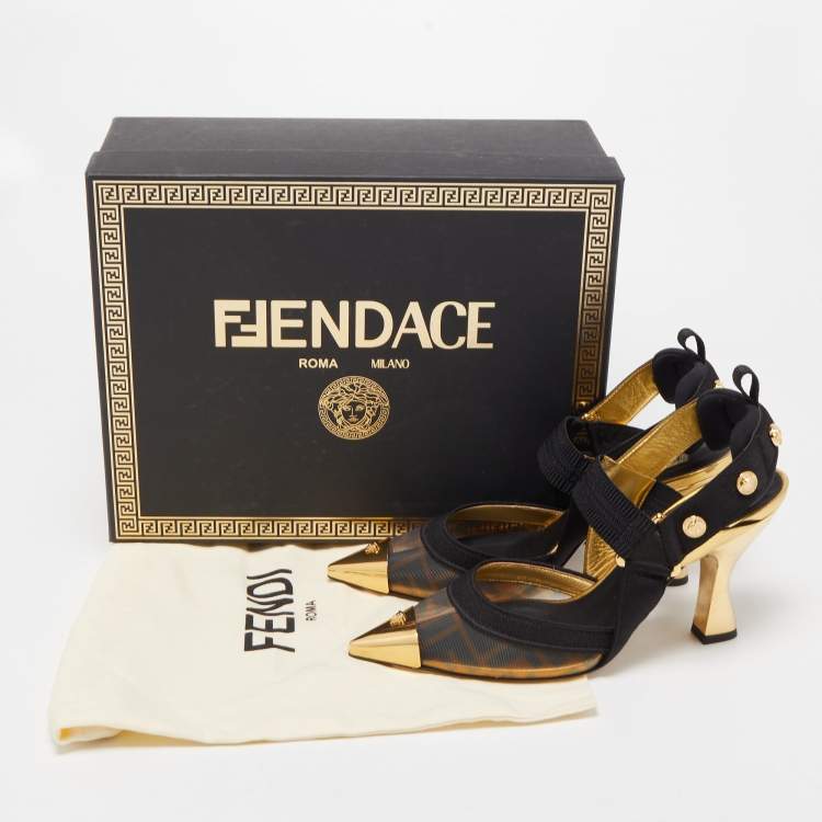 Pre Owned Fendi x Versace Black/Gold Mesh and Fabric Slingback Pumps Size 37