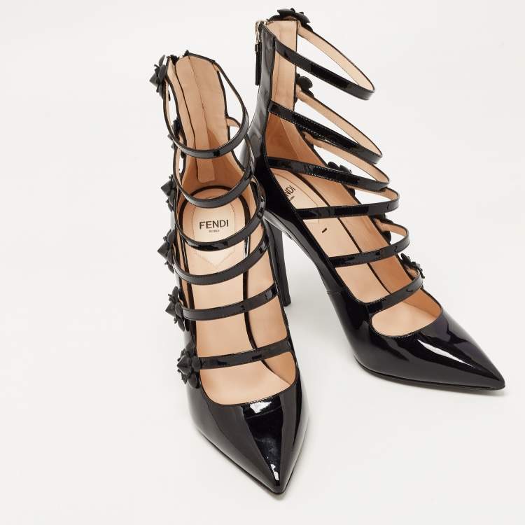 Pre Owned Fendi Black Patent Leather Flowerland Strappy Pumps Size 39