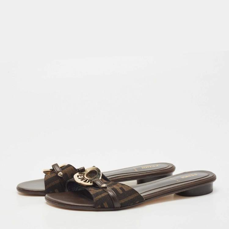 Pre Owned Fendi Tabacco Zucca Canvas and Leather Logo-Disk Flat Slide Size 39