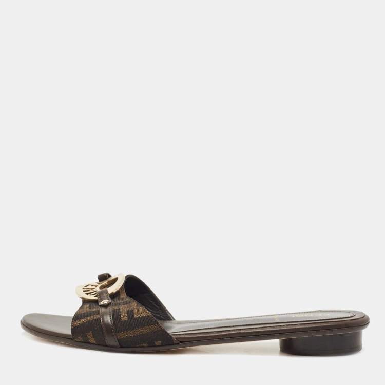 Pre Owned Fendi Tabacco Zucca Canvas and Leather Logo-Disk Flat Slide Size 39