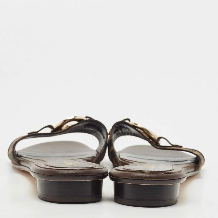 Pre Owned Fendi Tabacco Zucca Canvas and Leather Logo-Disk Flat Slide Size 39