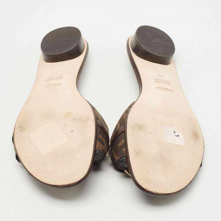 Pre Owned Fendi Tabacco Zucca Canvas and Leather Logo-Disk Flat Slide Size 39