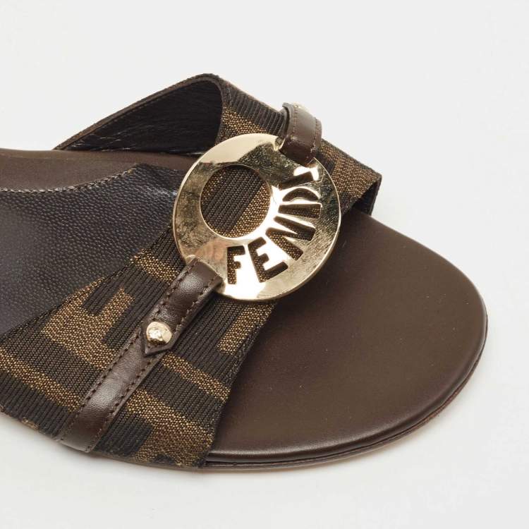 Pre Owned Fendi Tabacco Zucca Canvas and Leather Logo-Disk Flat Slide Size 39