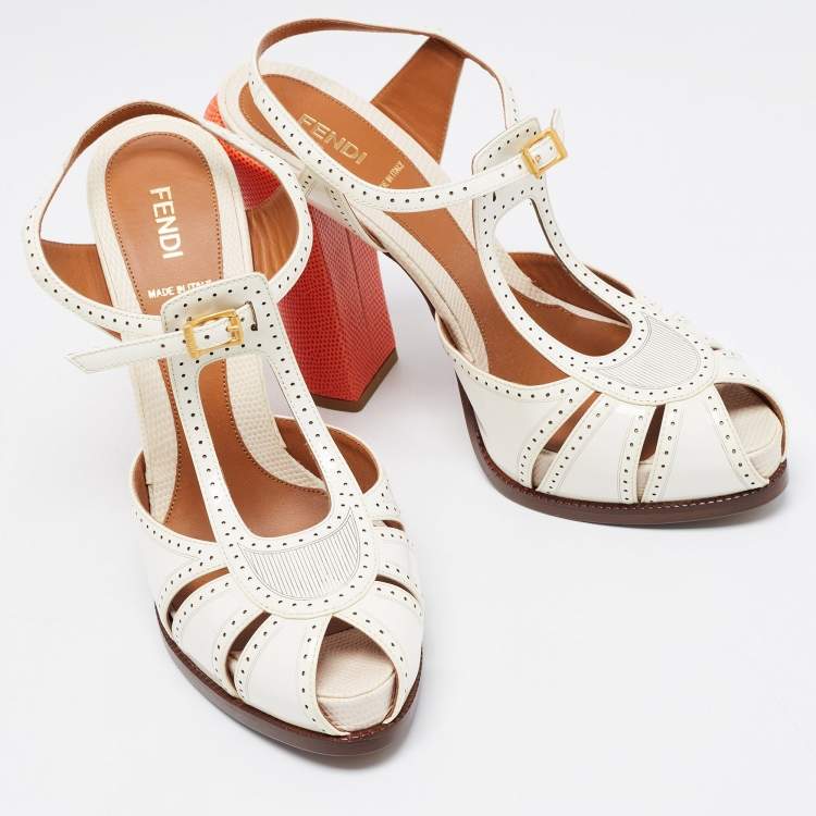 Pre Owned Fendi White Patent Leather Cut Out Ankle Strap Sandals Size 40