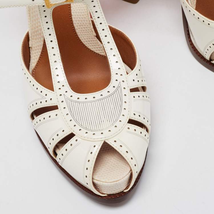 Pre Owned Fendi White Patent Leather Cut Out Ankle Strap Sandals Size 40