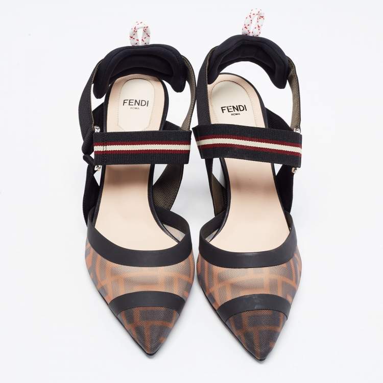 Pre Owned Fendi Brown/Black Zucca Mesh and Leather Colibri Pumps Size 38