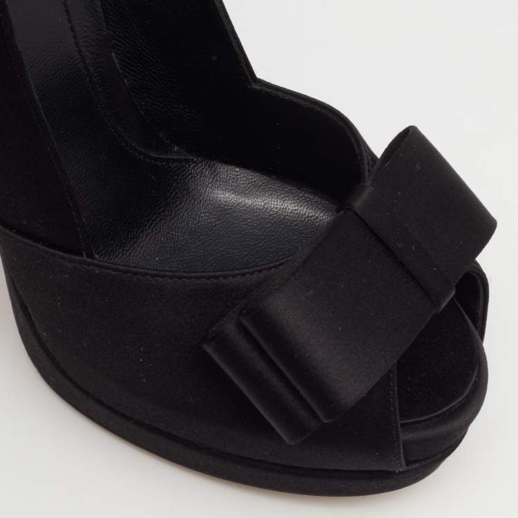Pre Owned Fendi Black Satin Bow Peep Toe Platform Pumps Size 37