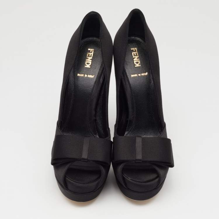 Pre Owned Fendi Black Satin Bow Peep Toe Platform Pumps Size 37