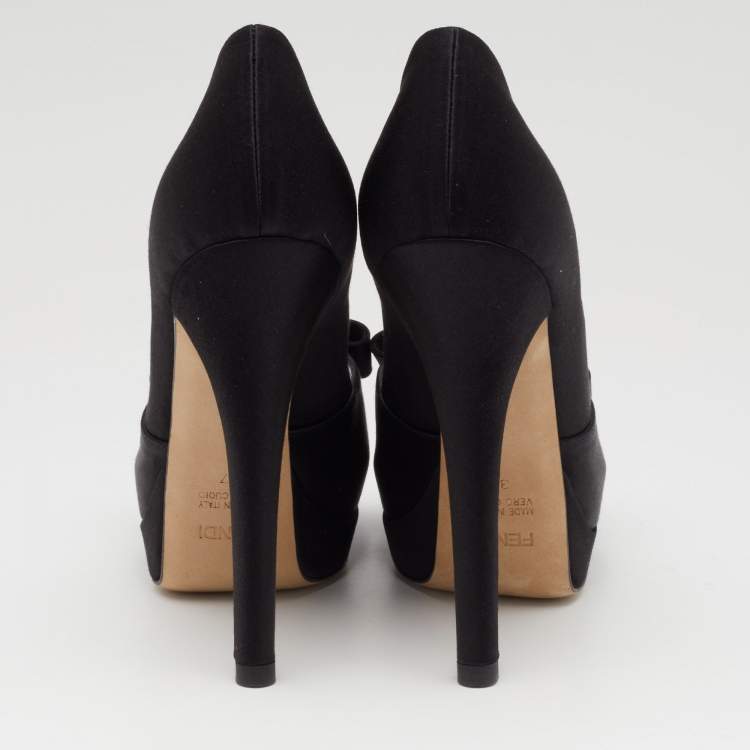 Pre Owned Fendi Black Satin Bow Peep Toe Platform Pumps Size 37