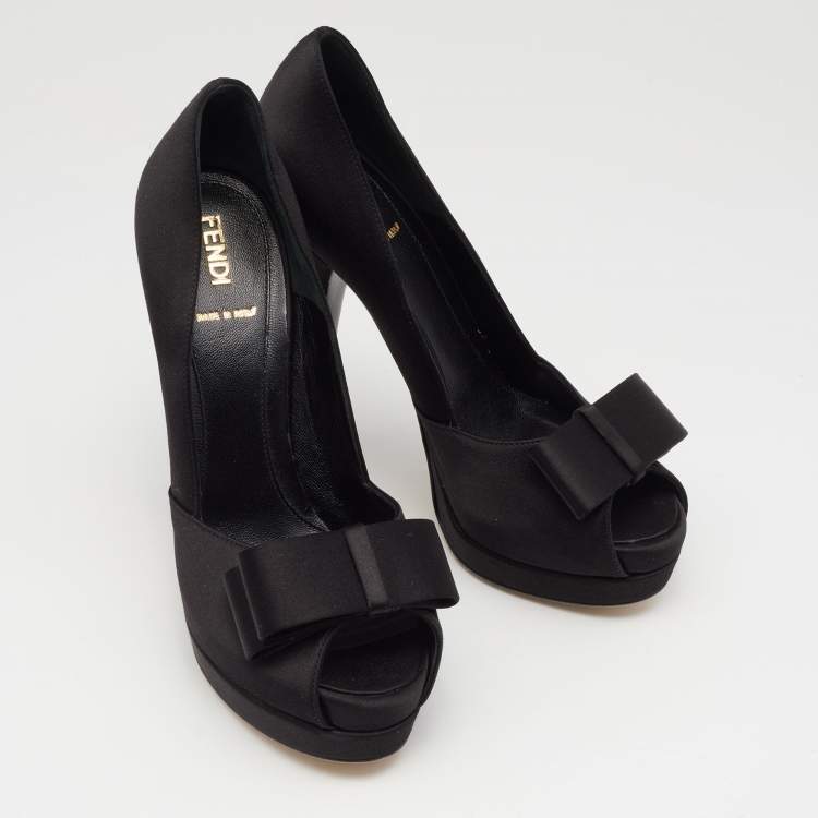 Pre Owned Fendi Black Satin Bow Peep Toe Platform Pumps Size 37