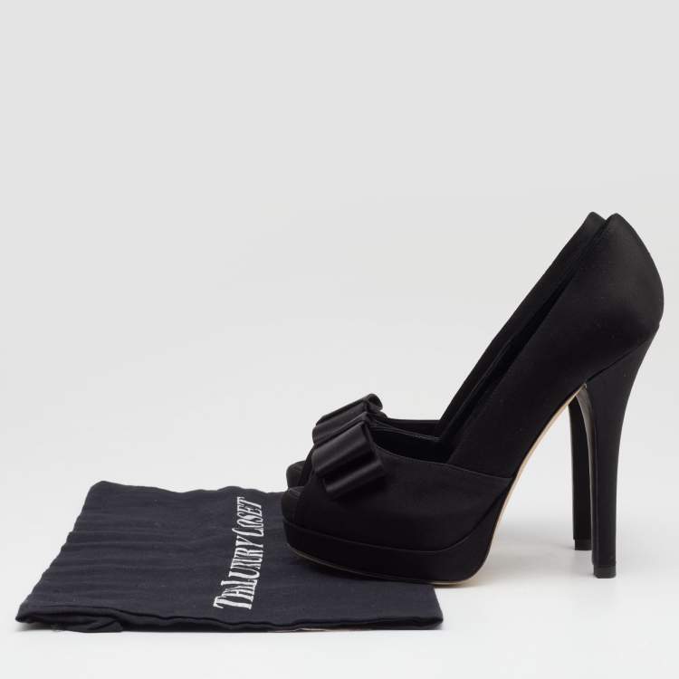 Pre Owned Fendi Black Satin Bow Peep Toe Platform Pumps Size 37