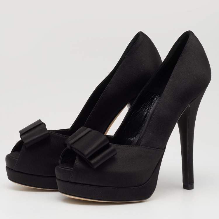 Pre Owned Fendi Black Satin Bow Peep Toe Platform Pumps Size 37