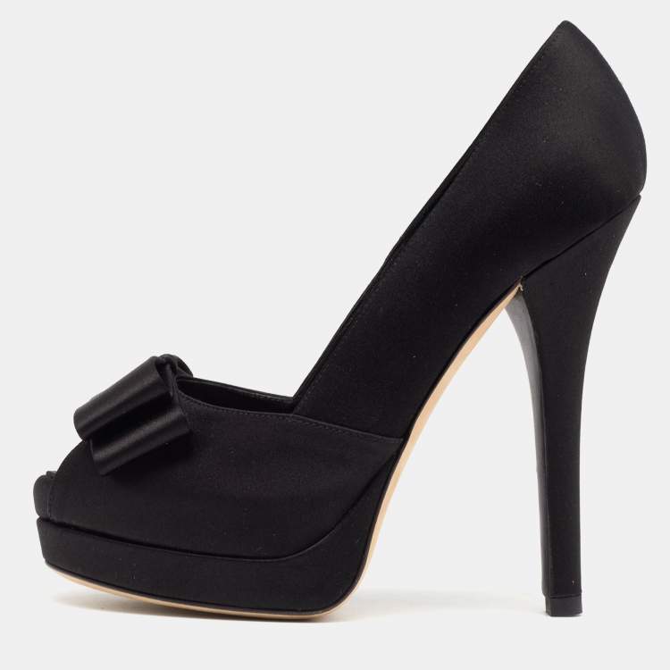 Pre Owned Fendi Black Satin Bow Peep Toe Platform Pumps Size 37