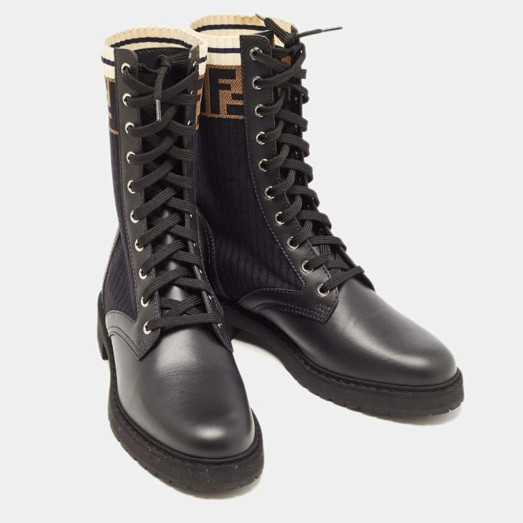 Pre Owned Fendi Black  Leather And FF Motif Detail Stretch Fabric Rockoko Combat Boots Size 39