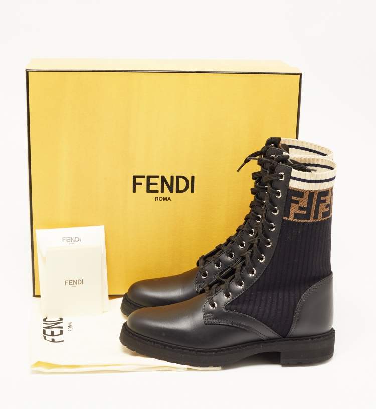 Pre Owned Fendi Black  Leather And FF Motif Detail Stretch Fabric Rockoko Combat Boots Size 39